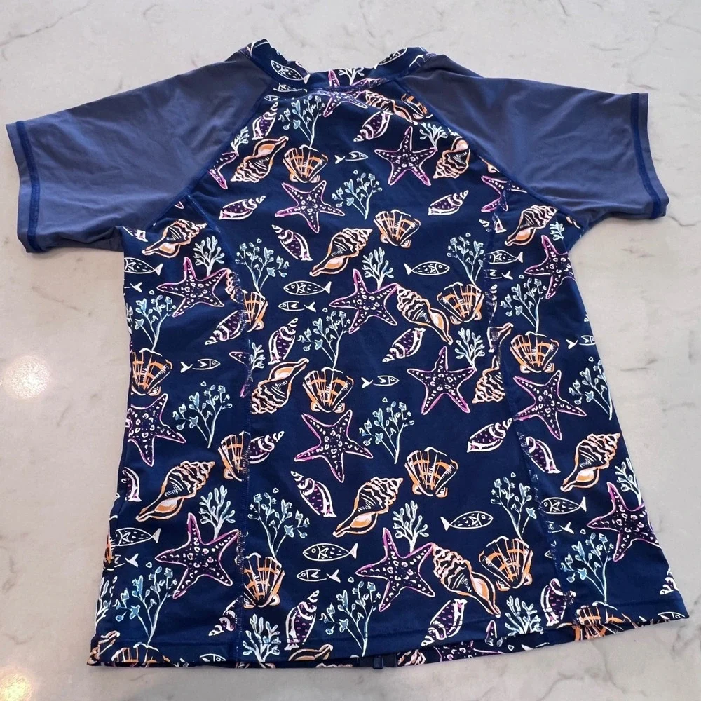Garnet Hill Kids Size 12 Navy‎ Blue Seashell Starfish Rash Guard Swim Zip